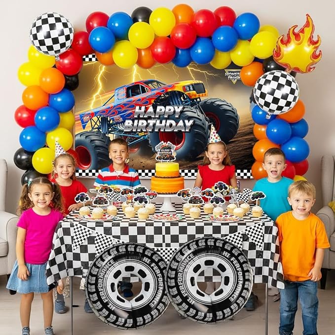 Monster Truck Birthday Decorations include Red Blue Yellow Balloons Ribbon Arch Cake Paper Card Toppers Tablecloth Backdrop Truck Birthday Decor for Boys Racing Party Decoration Supplies