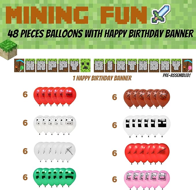 Mining Fun Banner and 48 Pcs Balloons - 10" Printed Latex Balloons, Mining Themed Party Supplies, Mining Party Decorations, Happy Birthday Banner, Pixel Miner Party and Video Game Party Decorations