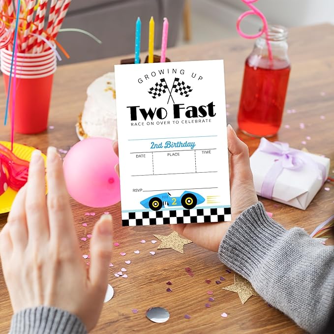 2nd Race Car Birthday Party Invitation Cards for Kids Boys, Two Fast 2nd Birthday Celebration Party Invite Cards Supplies Decorations, 20 Double-Sided Fill In Invites With Envelopes -01