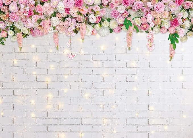 Flower Wall Backdrop Glitter White Brick Wall Mother's Day Flowers Photography Background Mother's Day Wedding Bridal Baby Shower Birthday Party Spring Theme Decor Photo Booth Props (10x8FT)