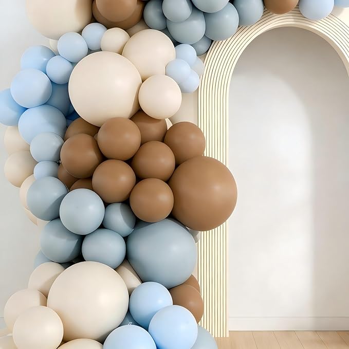 160Pcs Dusty Blue and Brown Balloon Garland Arch Kit Brown White Light Blue Balloons Balloons for Bear Baby Shower Gender Reveal Birthday Party Decorations