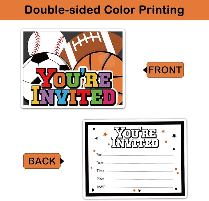 REWIDPARTY Sports Party Invitations with Envelopes & Stickers（Set of 15） Shaped Fill-in Invitations Birthday Party Supplies for Football Soccer Baseball Basketball Party Celebration Cards for Kids