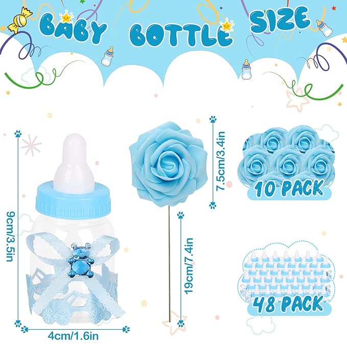 MACTING Baby Bottle for Baby Shower Favors, 4Dozens Mini Candy Bottles with 10pcs Artificical Flowers for Boys Girls Newborn Party Centerpiece Decorations(Blue)