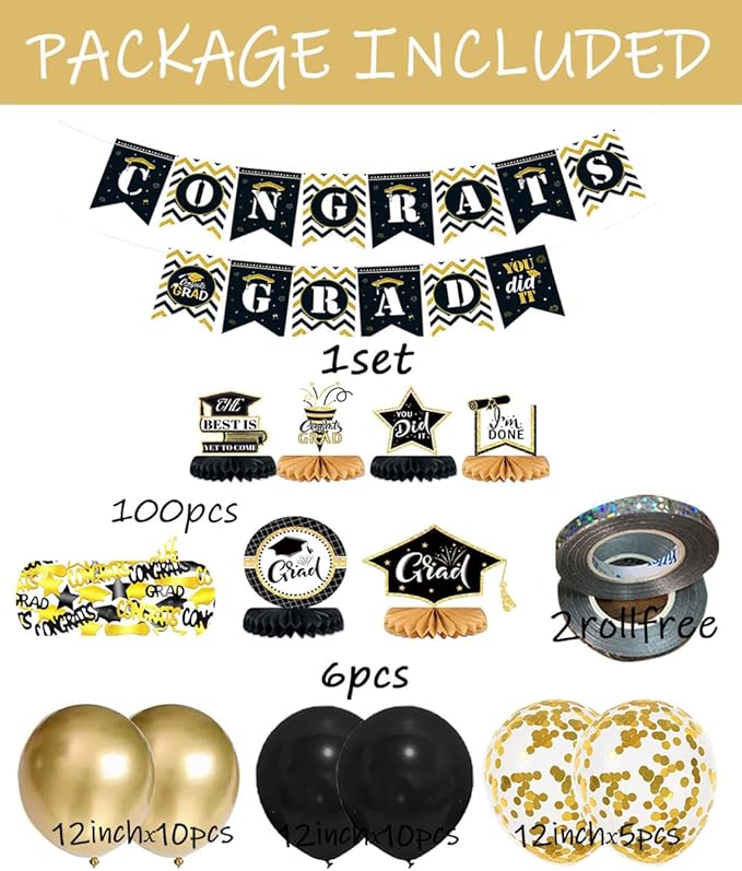 Gold Graduation Party Decorations - Balloons Graduation Decor Supplies with Table Scatter Centerpieces and Congrats Grad Banners for College Girls and School (Black + Gold)