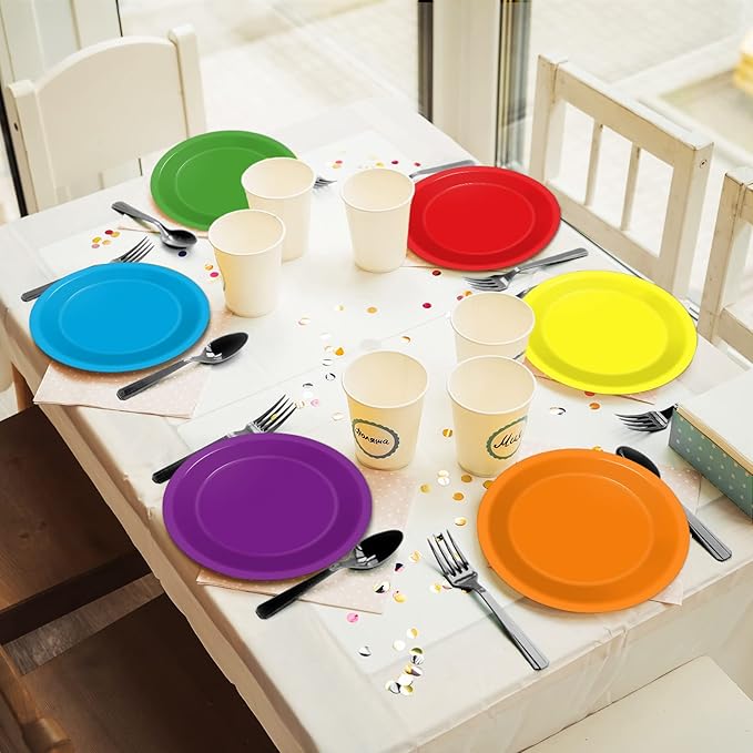 Wiooffen 48 Pcs Colorful Paper Plates - Birthday Party Supplies, Colored Disposable Party Paper Tray, Premium Dessert Cake Decorations for 48 Guests, 7in Round