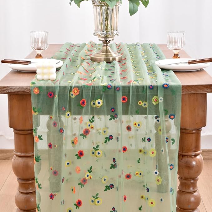 Joanlody Sage Green Embroidery Daisy Spring Summer Table Runner Florals Seasonal Easter Tulle Table Runner Holiday Kitchen Dining Table Decoration for Home Party Indoor
