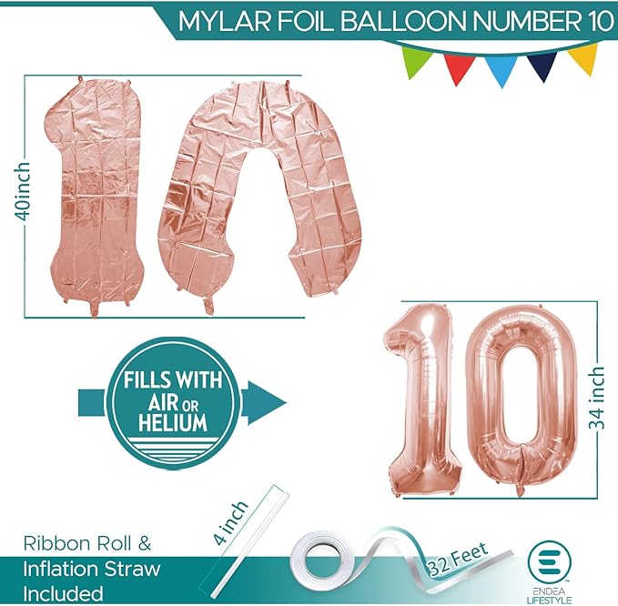 40 Inch Number Celebration and Decoration Balloon for Birthday Parties, Graduations, Anniversaries, Weddings, Photo Shoots, Special Events - Helium Foil Mylar (Rose Gold Number 10)