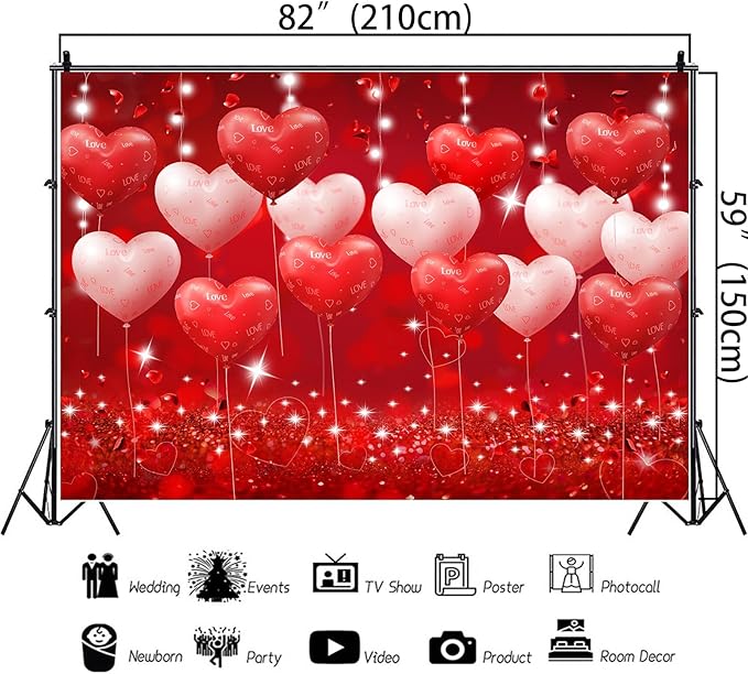 Red Hearts Balloons Anniversary Backdrop Banner Romantic Love Theme Photography Background for Anniversary Engagement Wedding Bridal Shower Couples Date Night Party Decorations 8x6ft（96x72 Inch）