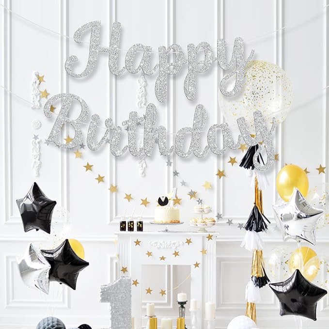 Glitter Happy Birthday Banner Sign Birthday Garland Wall Door Banners Flag for Women Men Boys Girls Party Backdrop Decorations Silver