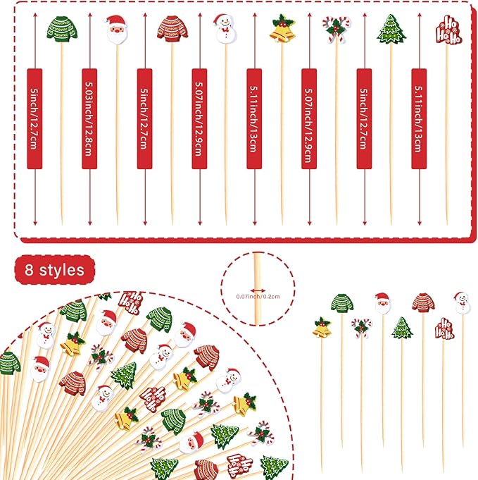 100Pcs, 5", Christmas Cocktail Picks Xmas Decor Toothpicks Fruit Sticks Food Sandwich Appetizer Charcuterie Skewers, Xmas Tree Snowman Bell Santa Claus Themed Christmas Decorations Party Supplies