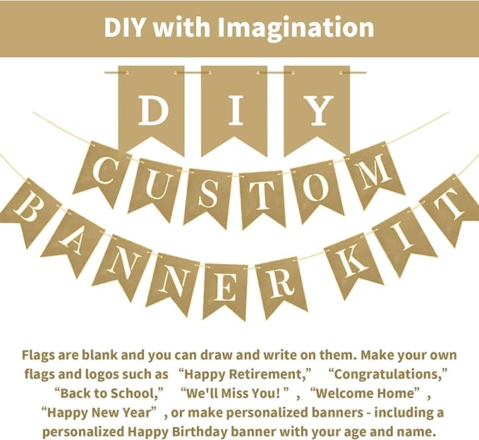 24 Pack Custom Banner Kit, DIY Customizable Personalized Flag Kit - Unique Hand Draw Yellow-Brown Banner with Letter Stencils - Handwriting Flag for Spring Decor Easter Home Office Party Decor