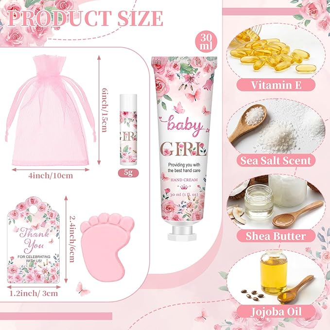 Loopeer 30 Set/150 Pcs Pink Flowers Baby Shower Favors for Guests Gifts Hand Cream Lip Balm Soap Party Favors Gifts Travel Size with Organza Bags, Thanks You Card for Baby Shower Birthday Wedding