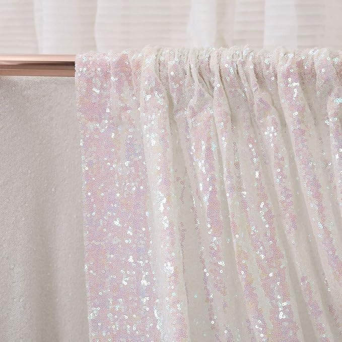 PartyDelight Iridescent White Sequin Backdrop 6x6ft - High Density 3mm Shimmer Sequin Background with 4-Inch Rod Pocket, Sparkly Photography Curtain for Birthday, TikTok & Live Decor