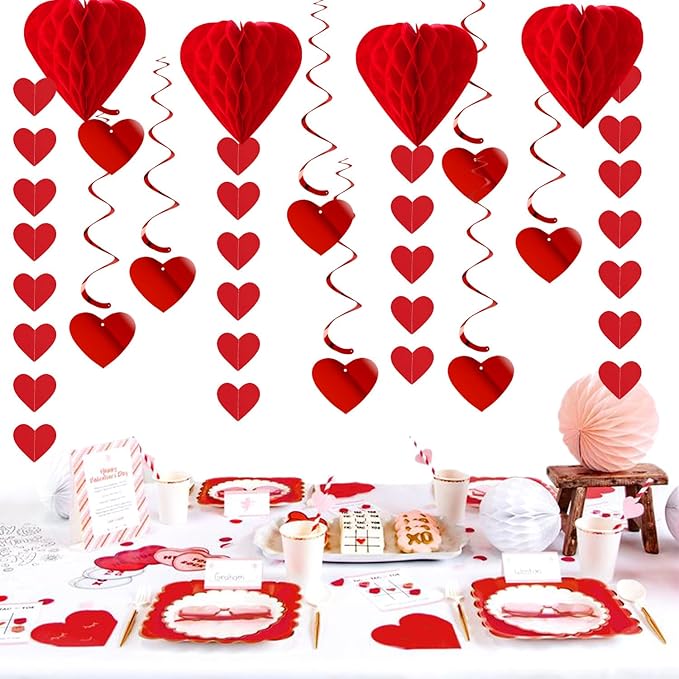 Valentines-Day Decorations Red-Heart Garland Galentines-Decor - 24pcs Tissue Paper Pom Poms Streamers Swirl,Be Mine Xoxo Banner,Love Romantic Special Night Anniversary Party Hanging Lasting Surprise