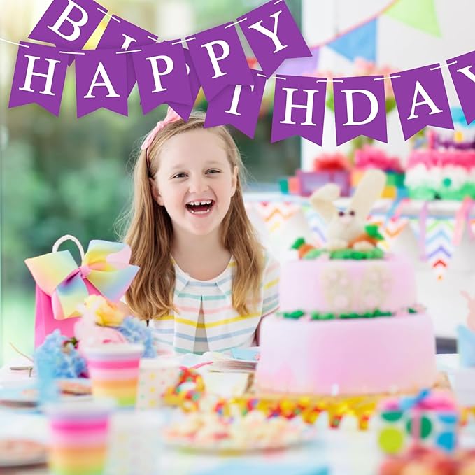 Purple Happy Birthday Banner Sign Happy Birthday Bunting Banner Garland for Kids Girl Woman Birthday Tea Party Decorations Bunting Flag Birthday Party Supplies