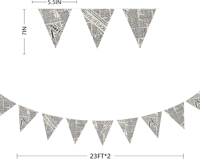 46Ft Vintage Newspaper Burlap Banner Newspaper Burlap Triangle Pennant Flag Linen Bunting Garland Streamers for Vintage Book Birthday Wedding Old News Baby Shower Engagement Library Party Decorations