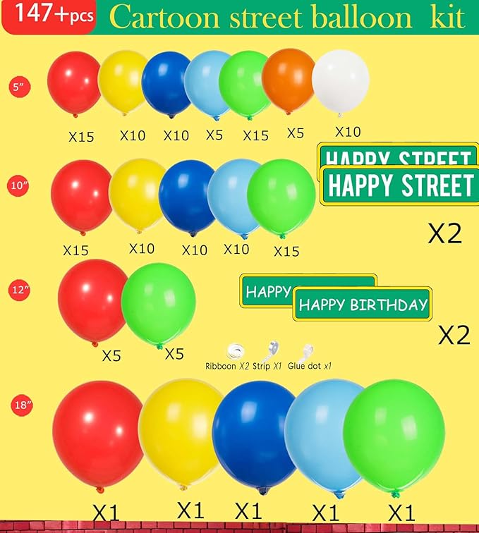 Sesame Friends Birthday Party decorations 150+ Pcs Cartoon Theme primary color Balloon Garland Kit Red Blue Yellow Green Latex Balloon Arch For kid birthday supplies