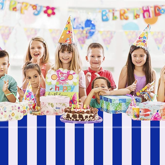 Kesfey 3 Packs Blue and White Horizontal Striped Tablecloth 54 x 108 Inch Blue Nautical Plastic Table Coths Roll Disposable Waterproof Geometric Picnic Party Stripe Tablecover for Camping Dining