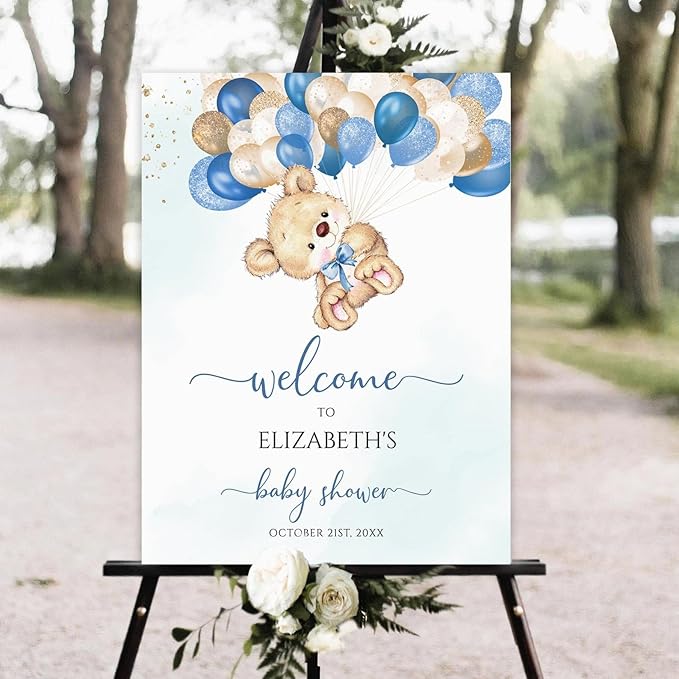 Personalized Teddy Bear Baby Shower Welcome Sign, Blue Balloon Bear Welcome Sign, Bear Baby Shower Sign Decoration