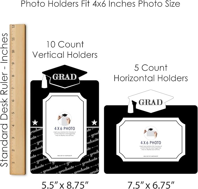 Black Graduation Party Decorations, Photo Display Centerpiece Kit - 15 Double-Sided Photo Table Topper Sticks, Vertical and Horizontal 4x6 Picture Holders - Graduation Cheers
