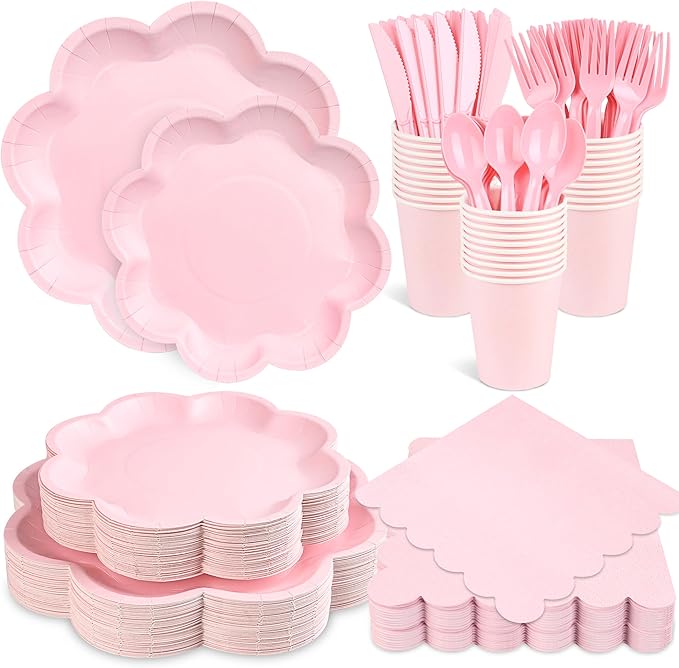 350 Pcs Pink Paper Plates and Napkins Set, Tableware Set for 50 Guests Include Disposable Pink Scalloped Plates, Napkins, Cups, Knives, Forks & Spoon for Baby Shower Easter Party Wedding Birthday