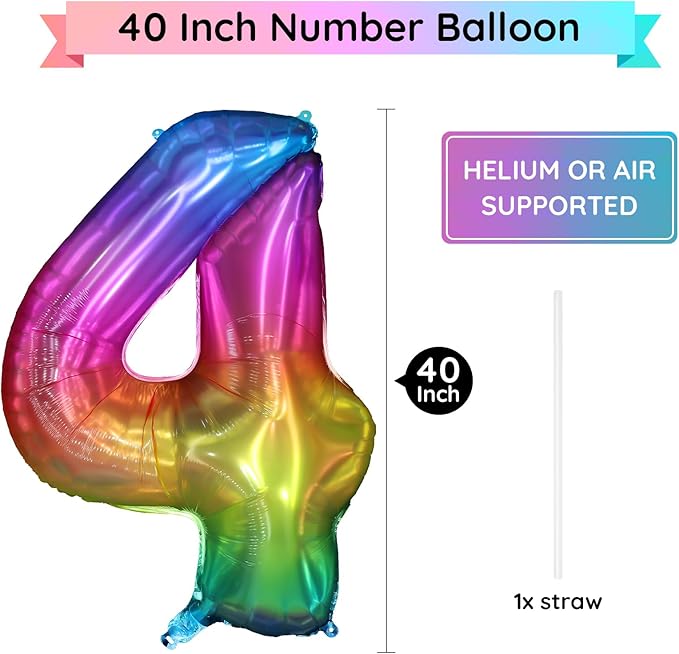 40 Inch Rainbow Number Balloon 4, Large Number Foil Balloons Mylar for Girl Boy Birthday Party Celebration Decorations Supplies, Digital Balloons for Wedding Anniversary Events Decorations