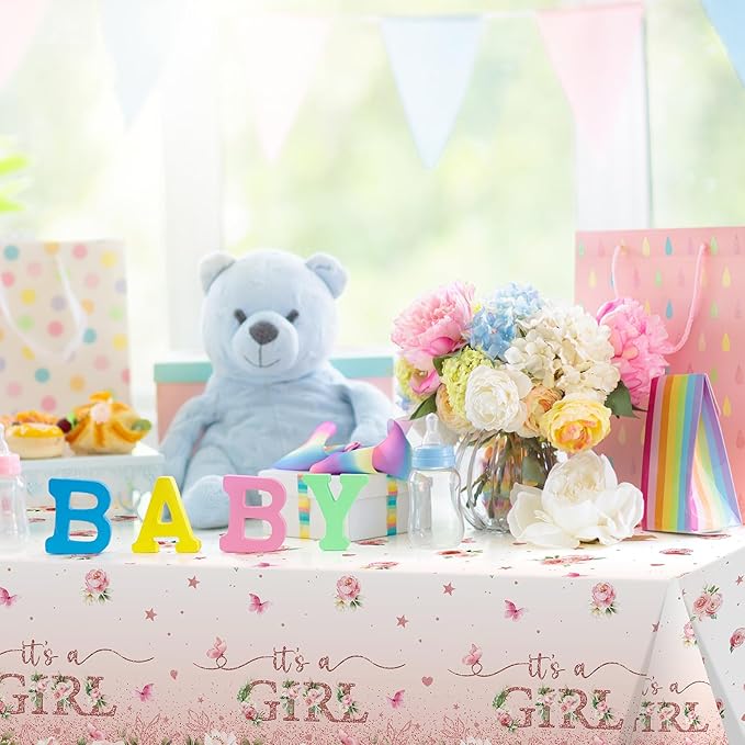 6 Pack Floral Baby Shower Tablecloth, It's a Girl Decorations, Pink Flower Party Backdrop, Plastic Disposable Table Cloth for Girl