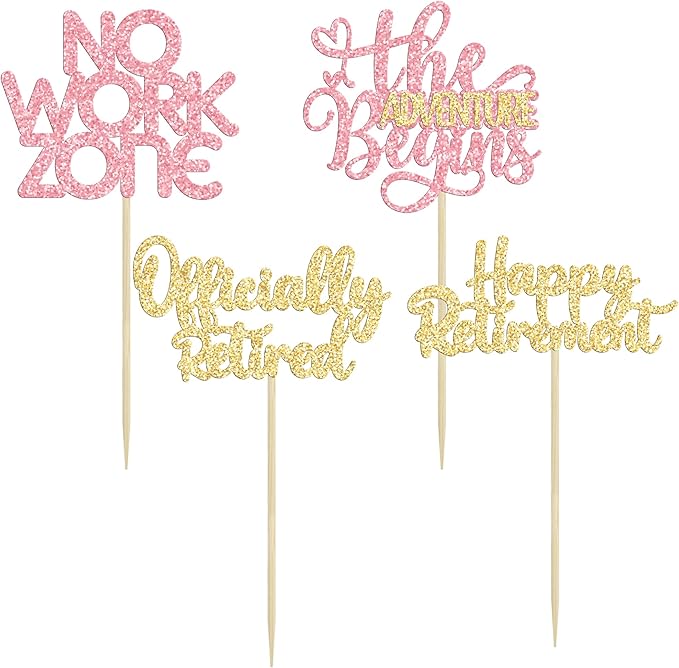 24Pcs Happy Retirement Cupcake Toppers Officially Retired Cake Toppers No Work Zone Adventure Begins Cupcake Picks Retirement Theme Farewell Birthday Party Decorations Supplies PInk Gold