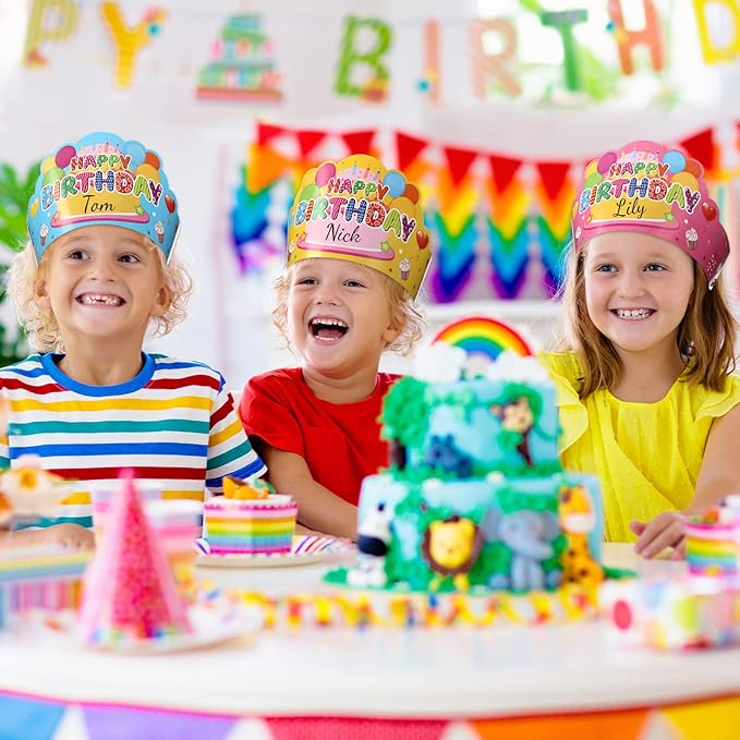 Yunsailing 36 Pcs Happy Birthday Crowns for Kids Paper Birthday Hat Crowns for Classroom Gifts Kids' Party(Pink, Yellow, Blue)