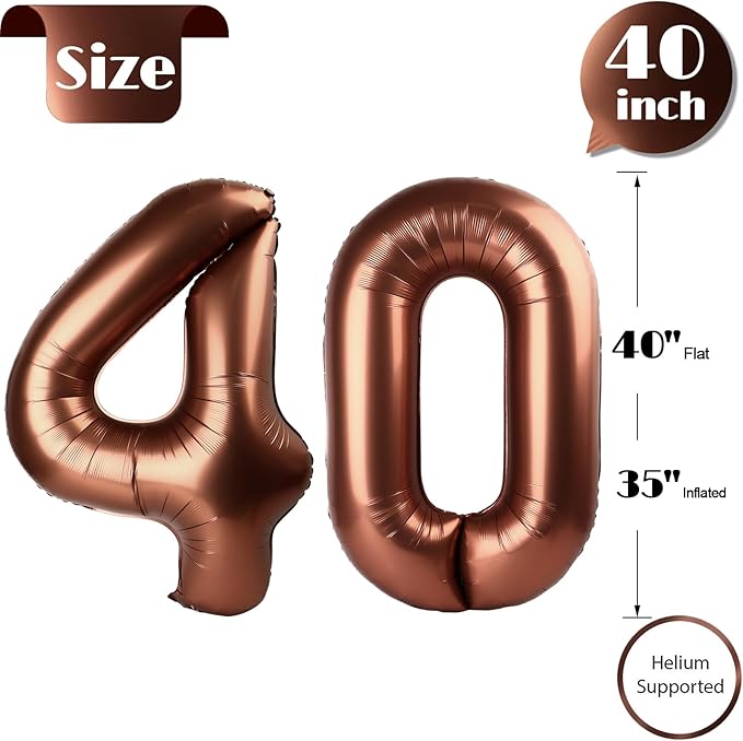 Dark Brown Number 40 Balloon 40 inch, 40 Number Balloons, 40th Dark Brown Birthday Decorations, 40 Year Old Women Men Party Supplies