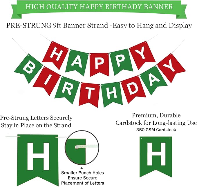 Red Green and White Birthday Decorations,Happy Birthday Banner with Honeycomb-Style Decorative Balls,Feet Circle Dot Garland,Stars Swirls Streamers,Happy Birthday Decorations for Women Men Girls Boys