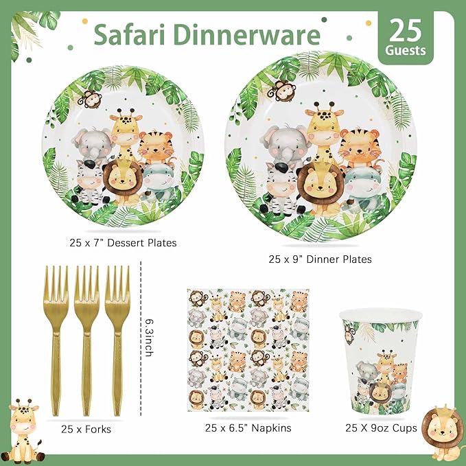 Safari Jungle Baby Shower Plates Set Decorations Wild One Birthday Party Decorations Serves 25,Sage Green Plates Napkins Cups and Forks Animals Theme Disposable Tableware Set