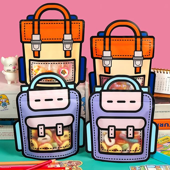 30 Pack Cartoon Backpack Goodie Bags Clear Gift Candy Bags with Handle Small Plastic Ziplock Seal Bag Smell Proof Reusable Resealable Storage Packaging For Home Party Favor Birthday Bag(Mixcolor)