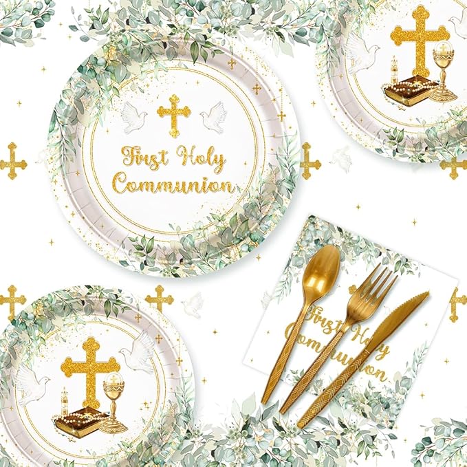 194 Pcs Greenery First Holy Communion Baptism Party Decorations Supplies Mi Primera Comunion Party Decorations God Bless Disposable Tableware Set with Plates Napkins and Tablecloth Serves 24