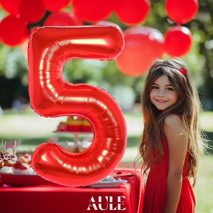 AULE 40 Inch Big Red 5 Balloon Number Large Foil Helium Number Balloons 0-9 Jumbo Giant Happy 5th Birthday Party Decorations for Boy or Girl Huge Mylar Anniversary Party Supplies