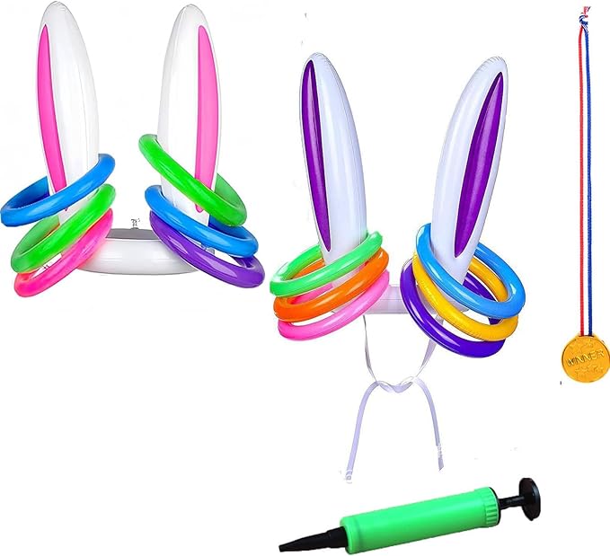 Easter Inflatable Bunny Ring Toss Game Set, Party Supplies with 2 Rabbit Ears, 12 Rings, 1 Inflator, 1 Medal, Carnival Games