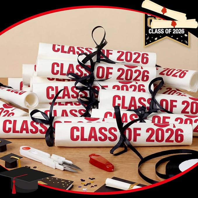 100 Set Graduation Class of 2026 Guest Red and White Napkins Black Rolled Silverware Disposable Grad Award Dinner Napkin with Ribbon and Scissors for Celebration