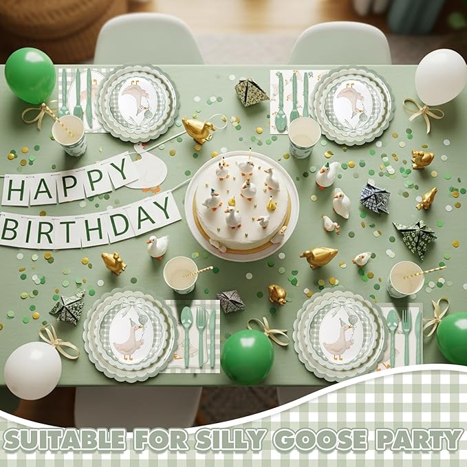 Zhehao 350 Pcs One Silly Goose Birthday Party Tableware Set Sage Green Scalloped Baby Shower Plates Cup Napkins Forks for Birthday Party Decorations Supplies for 50 Guests