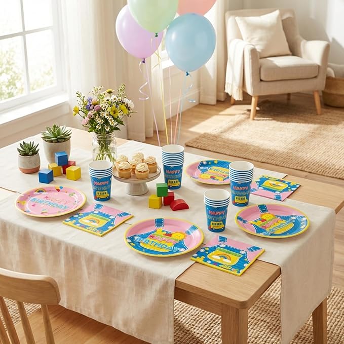 Vesici 150 Pcs Cartoon Birthday Oval Paper Plates and Napkins Set-serves 50, Cartoon Teacher Party Supplies 10'' x 12'' Large Disposable Heavy Duty Plate English Teacher Tableware for Birthday Party