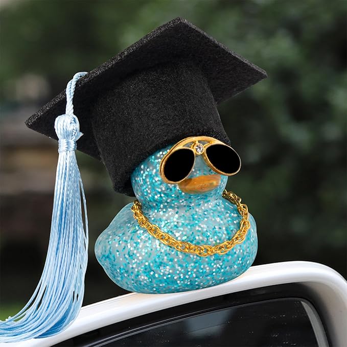wonuu Car Dashboard Decor Graduation Hat Color Rubber Duck, Car Ducks Ornaments with Mini Graduation Hat Necklace Sunglasses (Light Blue)