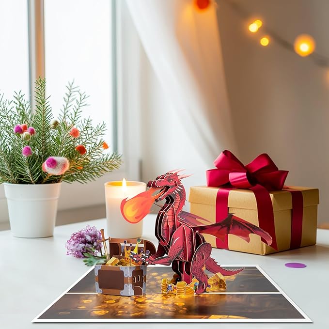 Treasure Chest Fire Dragon Pop Up Greeting Card with Blank Note & Envelope, ideal celebration gift for Friendship, Love, Anniversary, Special Moment, Inspirational, Birthday, Holiday, Party