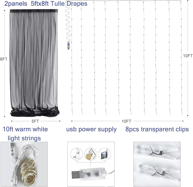 Black Tulle Backdrop Curtain with Lights Strings, Elegant Sheer Photo Backdrop Drapes, Soft Fabric Curtain for Weddings Brithday Parties Photography Background Decor, 10ftx8ft