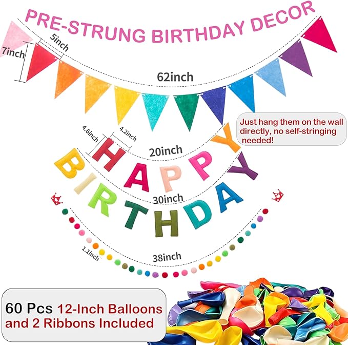 Pre-Strung Felt Happy Birthday Banner with Balloons Kits, Colorful Rainbow Decorations Reusable 3D Happy Birthday Sign for Girls Kids Women, Wrinkle-Free Banner Party Deco for Wall Party Supplies