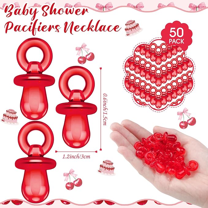 Thyle 51 Pcs She's Our Cherry on Top Theme Baby Shower Games Red Cherry Pacifier Hunt Include Hunt Sign and 50 Acrylic Pacifiers for Baby Shower Game Decoration Gift Sets Gender Reveal Party Decor