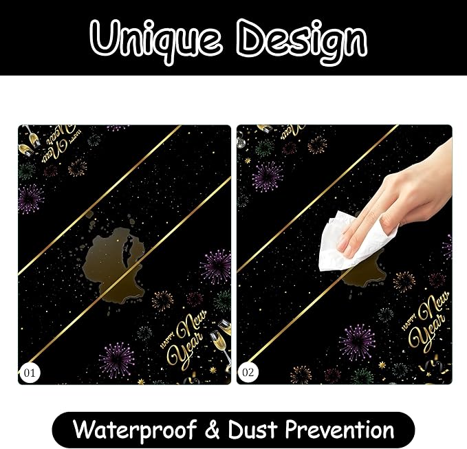 Childom 2 Pack Happy New Year Tablecloths,Happy New Years Decorations 2026,Disposable Rectangular Tablecloths Plastic 54"x108",Black and Gold Table Cloth for Home Dining Outdoor Holiday Party Supplies