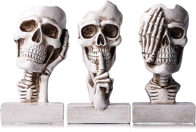 See Hear Speak No Evil Skeleton Figurines Set,Gothic Evil Skull Trio Statue,Vintage Skeletons for Halloween Decorations Indoor,Living Room Fireplace Floating Shelf Coffee Table Centerpiece Decor
