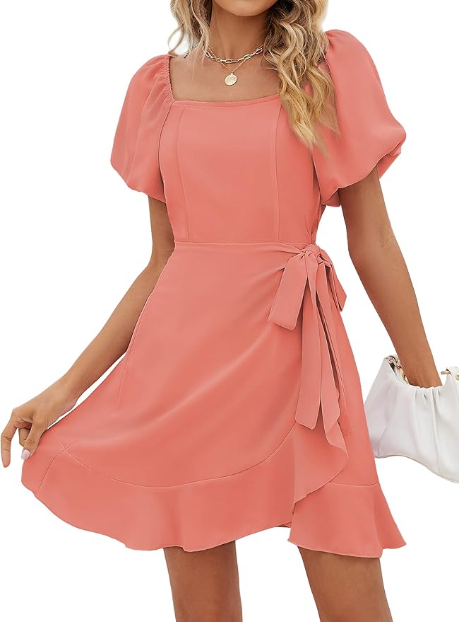 Sampeel Womens Summer Dresses Square Neck Puff Sleeve Tie Waist Short Dress