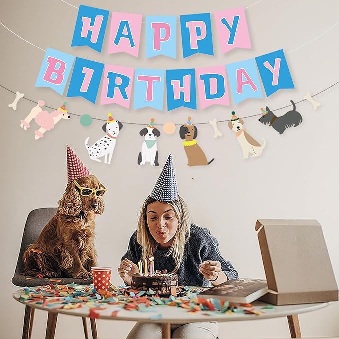 Dog Themed Puppy Paw Balloons Happy Birthday Party Banner for Girls & Women DIY Party Supplies (Pink Blue Banner)