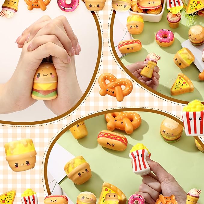 56 Pcs Fast Food Stress Balls Slow Rising Fidget Sensory Toy Emotional Relief Squeeze Stretchy Food Stress Toys for Funny Goodie Bag Fillers Gifts Party Favors Office Holiday