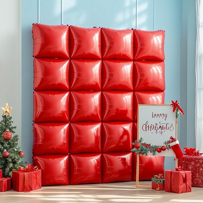 NISOCY 25PCS Red Square Foil Balloons Wall Backdrop Metallic Double Sided Red Christmas Balloon Tunnel Arch Kit for Christmas Birthday Baby Shower Valentine‘s Day Party Decoration